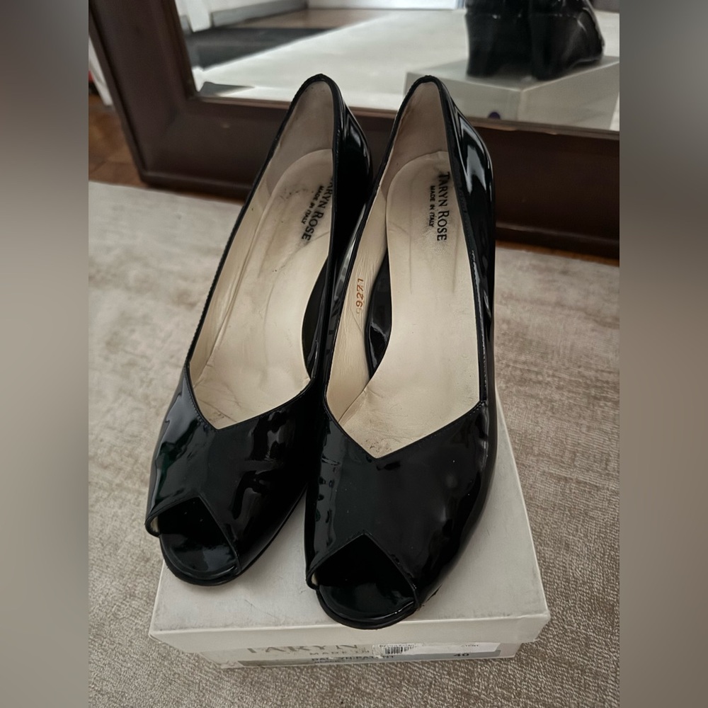 Taryn Rose Black Peep Toe Wedge Heels Italian Size 40 US 10